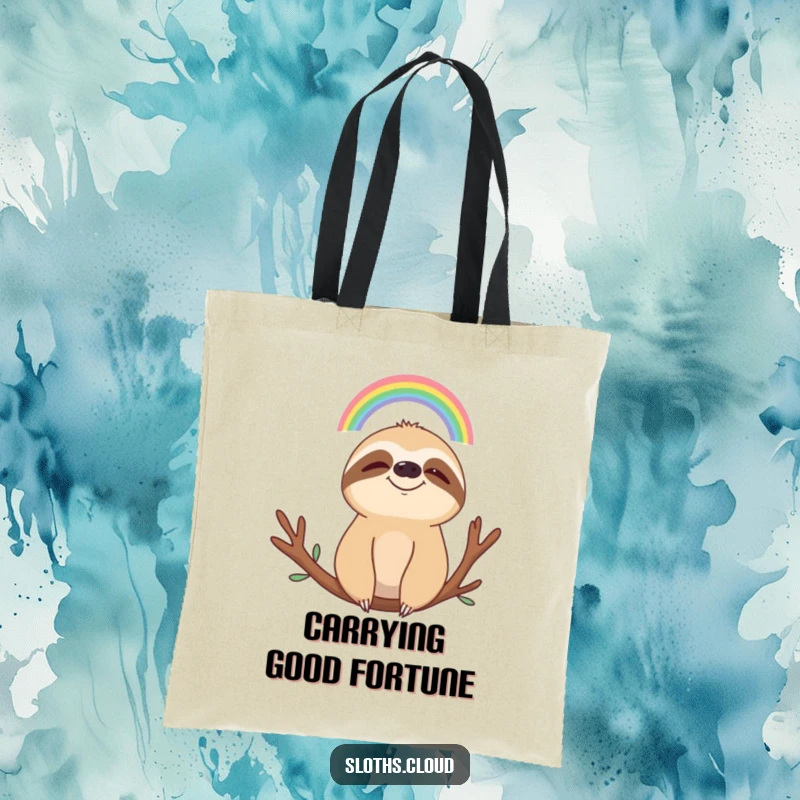 Funny tote bag with a smiling sloth gazing peacefully at a small rainbow, perfect for carrying items with a calm, humorous flair.