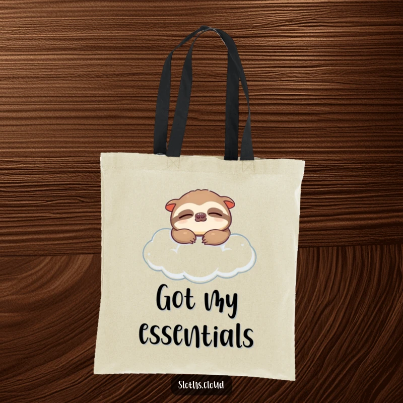 Funny tote bag with a peacefully sleeping sloth drifting on a soft cloud, symbolizing tranquility and a carefree lifestyle.