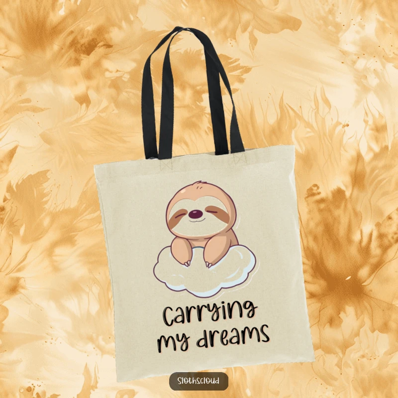 Funny tote bag featuring a cute sloth serenely floating on a cloud, perfect for carrying essentials with a touch of relaxation and humor.