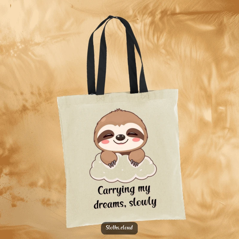 Funny tote bag featuring a cute sloth peeking over a cloud, with a sleepy grin, celebrating a relaxed and humorous lifestyle.