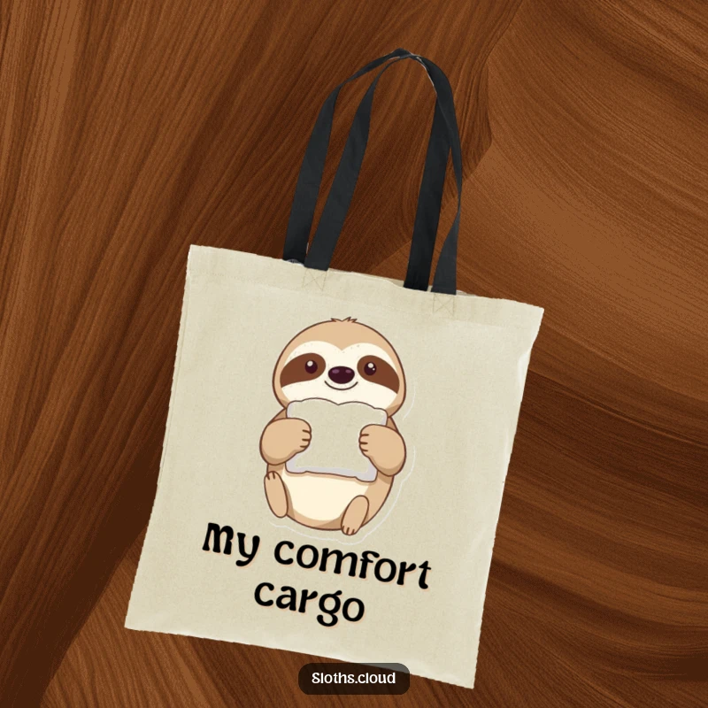 Funny Tote Bag: A sloth drifts through the air holding a tiny, fluffy pillow, perfect for carrying items dreamily.
