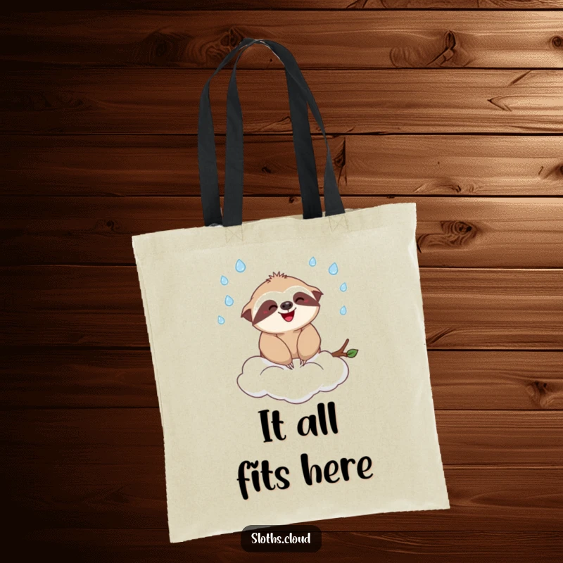 Funny tote bag depicting a happy sloth joyfully juggling tiny raindrops while seated on a soft cloud, perfect for everyday use.