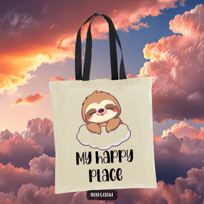 Funny tote bag illustrating a sloth with a huge, sleepy grin drifting on a cloud, perfect for carrying items with cheerful humor.