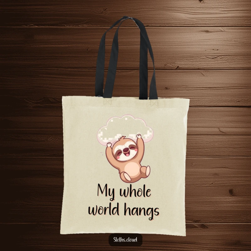 Funny tote bag depicting a sloth happily dangling from a cloud with a sigh, excellent funny gift.