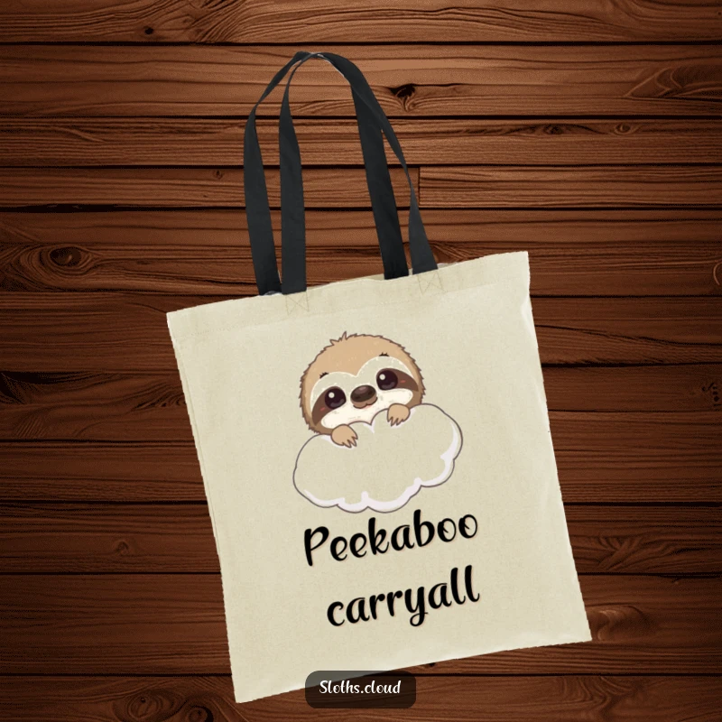 Funny sloth tote bag, peeking from behind a cloud with curious eyes, a humorous accessory for the observant and stylish.