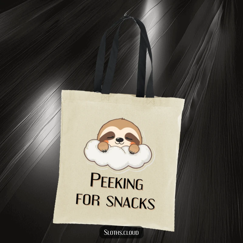 Funny tote bag depicting a sleepy sloth peeking from behind a cloud, eyes half-closed, embodying a relaxed and laid-back attitude.