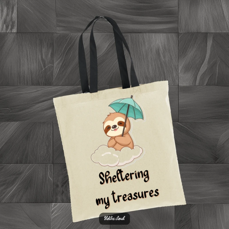 Funny sloth with a mini umbrella on a drifting cloud, looking unbothered, on a durable and stylish tote bag.