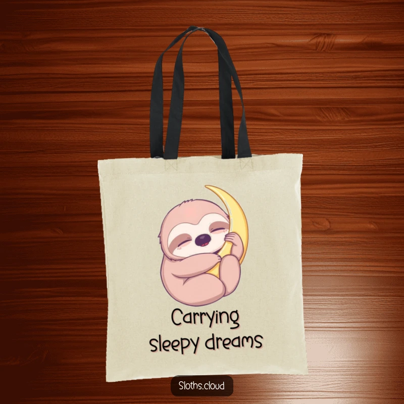Funny tote bag featuring a sloth hugging a crescent moon, ideal for carrying essentials while embracing a peaceful and dreamy aesthetic.
